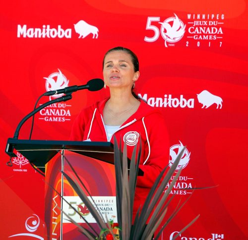 BORIS MINKEVICH / WINNIPEG FREE PRESS
Eyes of the Nation Ambassador Tracy Bowman talks the event. 2017 Canada Summer Games, organizers and volunteers are calling on the community to help prepare its host cities for the arrival of 4,000 athletes and coaches, and 20,000 visitors this summer. The community initiative, entitled Eyes of the Nation, aims to leverage the Games to build a positive image of Winnipeg, Gimli, and Kenora in the hearts and minds of all Canadiansand in the process ignite a renewed sense of pride in the community. Event took place at Transcona Centennial Square. BILL REDECOP STORY. May 23, 2017