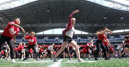 RUTH BONNEVILLE /  WINNIPEG FREE PRESS

Student representatives of Pembina Trails school division do a dance performance on Investors Group Field for more than 15,000 students gathered at IGF for Canada 150 Project, one of the biggest school-based  events in the country on Wednesday. 

May 24, 2017