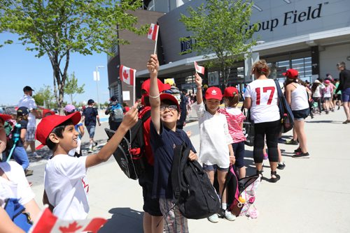 RUTH BONNEVILLE /  WINNIPEG FREE PRESS

Thousands of Pembina Trails School Division students make their way into Investors Group Field for Canada 150 Project, one of the biggest school-based Canada 150 events in the country with More than 15,000 students Wednesday. 
 
May 24, 2017