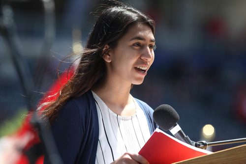 RUTH BONNEVILLE /  WINNIPEG FREE PRESS

Prasansa Subedi a grade 12 student from Fort Richmond Collegiate gives a heart warming speech on stage at Investors Group Field as part of Canada 150 with 15,000  thousand  Pembina Trails school division students Wednesday. 


May 24, 2017