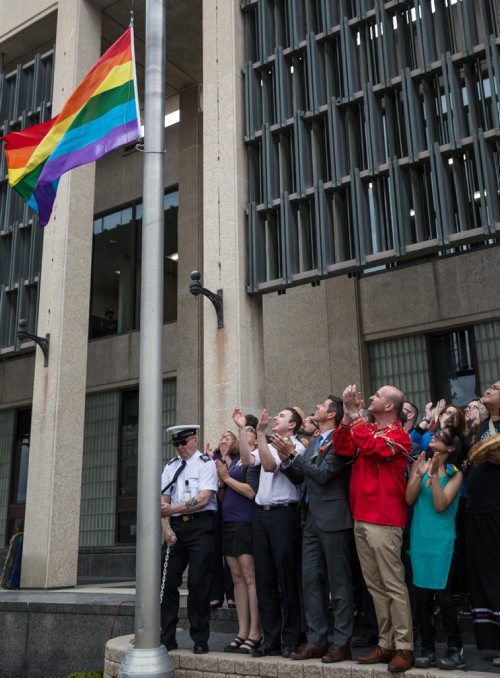 MIKE DEAL / WINNIPEG FREE PRESS
Mayor Brian Bowman and members of the LGBTTQ* community  during the annual rainbow flag-raising ceremony at City Hall to kick off Pride Week.
170526 - Friday, May 26, 2017.