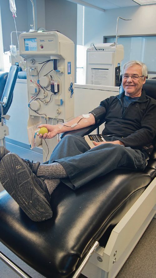 Canstar Community News May 23, 2017 -Denis Bourgeois donates plasma at Prometic Plasma Resources twice a week. His plasma is used to produce a treatment for Rhesus disease. He is pictured at the plasma centre located at 137 Innovation Dr. (DANIELLE DA SILVA/SOUWESTER/CANSTAR)