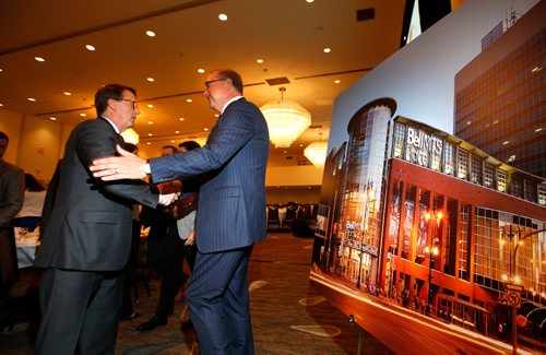 WAYNE GLOWACKI / WINNIPEG FREE PRESS

At right, George Cope, pres. and CEO of Bell Canada and BCE  with Mark Chipman, executive chairman True North Sports+Entertainment by a photo rendition of the new renaming signage for the former MTS Centre.  This took place at the Winnipeg Chamber of Commerce luncheon Tuesday in the Delta Hotel. Martin Cash story  May 30 2017