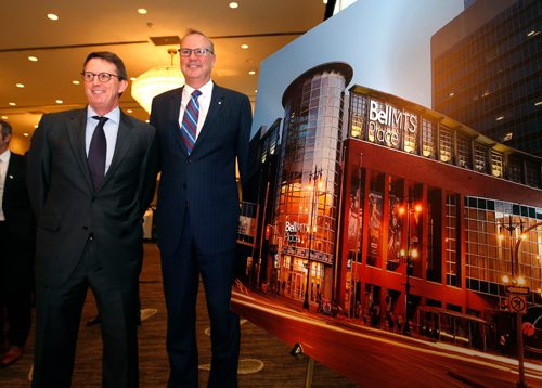 WAYNE GLOWACKI / WINNIPEG FREE PRESS

At right, George Cope, pres. and CEO of Bell Canada and BCE  with Mark Chipman, executive chairman True North Sports+Entertainment beside a photo rendition of the new renaming signage for the former MTS Centre.  This took place at the Winnipeg Chamber of Commerce luncheon Tuesday in the Delta Hotel. Martin Cash story  May 30 2017