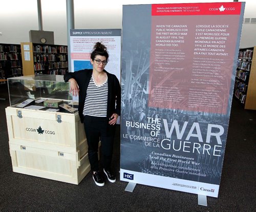 BORIS MINKEVICH / WINNIPEG FREE PRESS
The Business of War, a First World War exhibition, is being presented in Winnipeg by the Montreal-based The Canadian Centre for the Great War at the Millenium Library, fourth floor. Using posters and artifacts, Winnipeggers will learn about what business did during the war. Caitlin Bailey, executive director and curator at the exhibit. Kevin Rollason STORY May 30, 2017