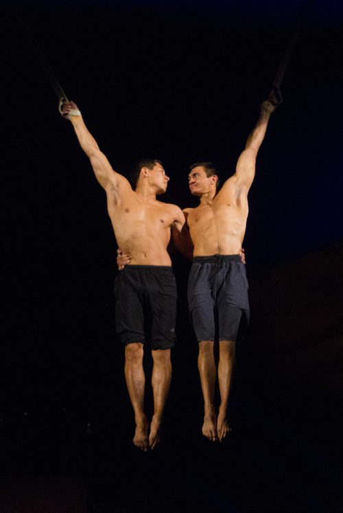 MIKE DEAL / WINNIPEG FREE PRESS
Strap Act performers Vitali Tomanov (right) and Marat Dashempilov (left) during rehearsal at Cirque du Soleil's production of Kurios which will be running from June 2 to July 9th.
170531 - Wednesday, May 31, 2017.