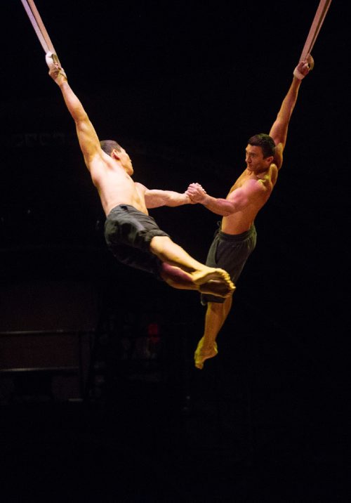 MIKE DEAL / WINNIPEG FREE PRESS
Strap Act performers Vitali Tomanov (right) and Marat Dashempilov (left) during rehearsal at Cirque du Soleil's production of Kurios which will be running from June 2 to July 9th.
170531 - Wednesday, May 31, 2017.