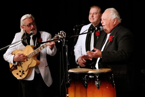 JOHN WOODS / WINNIPEG FREE PRESS
Larry Ruppel (vocals, guitar), John Wrublowsky (bass) and Gord Kudlak (vocals, congas, bongos) of Rewind rehearse at Kildonan-East Collegiate in Winnipeg Tuesday, May 30, 2017.  Rewind is made up of Larry Ruppel (vocals, guitar), Gord Kudlak (vocals, congas, bongos), Linda Ruppel (vocal, hand percussion), Harvey Peltz (vocal, hand percussion), Gloria Harris (vocal, hand percussion), John Wrublowsky (bass), Chris Wheeler (drums), Rick Hemmerling (keyboards, sax, flute)