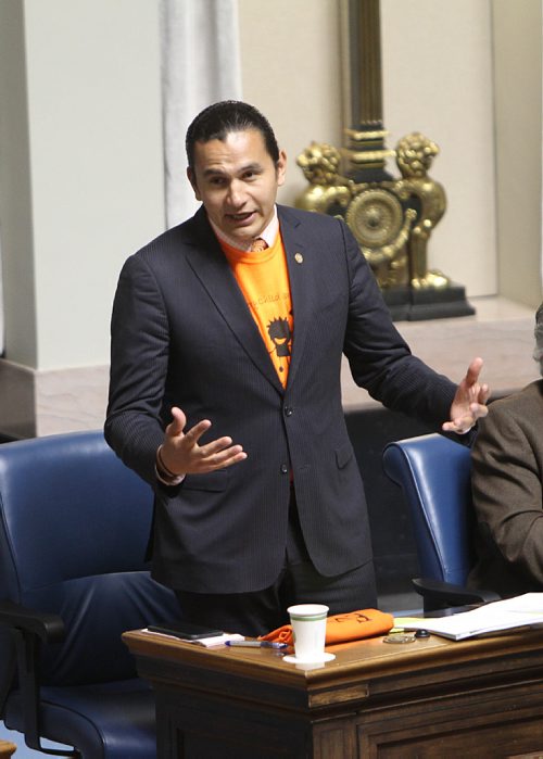 RUTH BONNEVILLE /  WINNIPEG FREE PRESS

Fort Rouge MLA Wab Kinew directs questions to the house during question period in the last session before summer break in the house Thursday.  



June 01, 2017