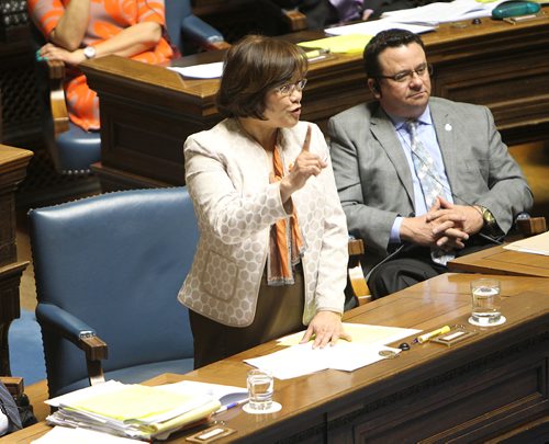 RUTH BONNEVILLE /  WINNIPEG FREE PRESS

Logan MLA Flor Marcelino directs questions to the premiere during question period in the last session before summer break in the house Thursday.  



June 01, 2017