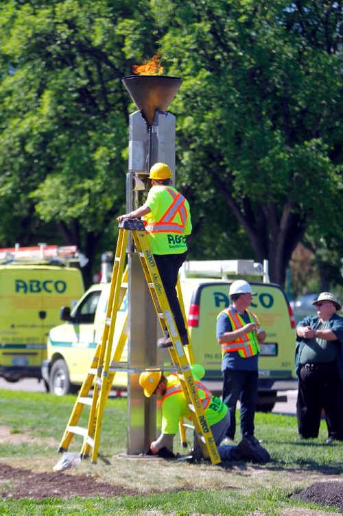 BORIS MINKEVICH / WINNIPEG FREE PRESS
The 2017 Canada Games flame gets installed and tested today near the Manitoba Legislature on Memorial Blvd. The unit was restored to work and a new gas line installed. This 12-foot, free-standing structure on Memorial Boulevard in Winnipeg, also known the Centennial Flame or the fire of friendship, was erected in 1967 in commemoration of the Canadian Centenary. from: http://www.mhs.mb.ca/docs/sites/centennialtorch.shtml  STANDUP June 2, 2017
