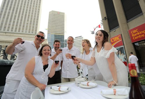 JASON HALSTEAD / WINNIPEG FREE PRESS

L-R: Mike Jack, Mary Beth Taylor, Scott McFadyen, Andrew Enns, Lori Mitchell and Amy McGuinness at the Table for 1200 More on Rorie Street in the east Exchange and around the Richardson Building on June 3, 2017. (See Social Page)