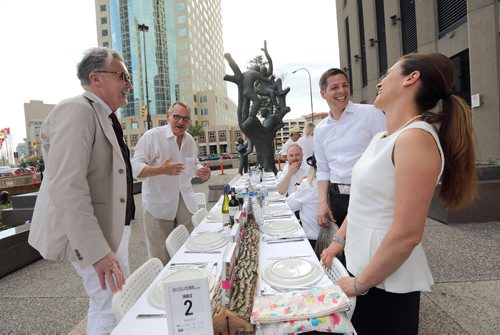 JASON HALSTEAD / WINNIPEG FREE PRESS

L-R: Diarmuid Nash (chancellor of the Architectural Institute of Canada), Les Stechesen, Winnipeg Mayor Brian Bowman and his wife Tracy Bowman at the Table for 1200 More on Rorie Street in the east Exchange and around the Richardson Building on June 3, 2017. (See Social Page)