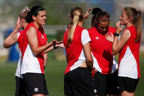 JOHN WOODS / WINNIPEG FREE PRESS
Team Canada's Christine Sinclair (L) talks to teammates during practise in Winnipeg Monday, June 5, 2017.