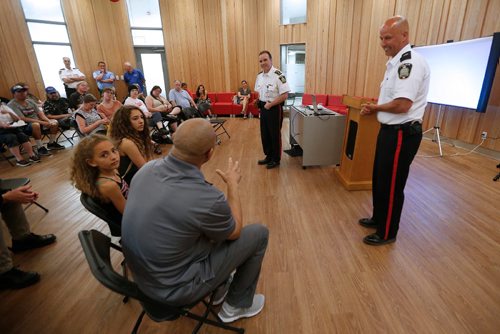 JOHN WOODS / WINNIPEG FREE PRESS
Winnipeg Police chief Danny Smyth and Inspector Jamie Blunden speak to residents at a community meeting in Winnipeg Monday, June 5, 2017.