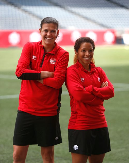 WAYNE GLOWACKI / WINNIPEG FREE PRESS

Team Canada women's soccer players Christine Sinclair and Desiree Scott,right pose for a picture prior to the teams practice IGF Tuesday. Taylor Allen story June 6  2017