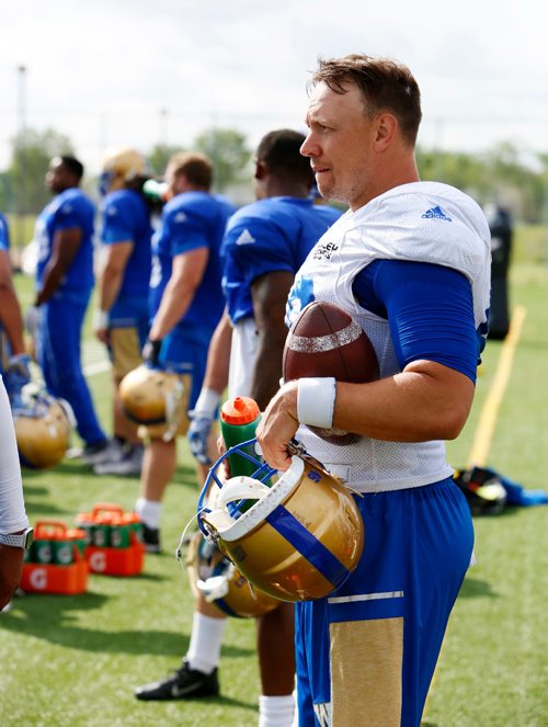 JUSTIN SAMANSKI-LANGILLE / WINNIPEG FREE PRESS
Bombers long snapper Chad Rempel takes a break on the sidelines during summer training camp on Wednesday.
170607 - Wednesday, June 07, 2017.