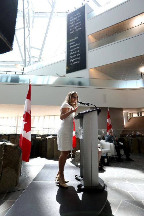 RUTH BONNEVILLE /  WINNIPEG FREE PRESS

International Trade Minister Hon. Chrystia Freeland  speaks at the Canadian Museum for Human Rights
 with  Lloyd Axworthy on Canadas role in todays rapidly changing world in the Stuart Clark Garden of Contemplation, Canadian Museum for Human Rights
Thursday.  Shannon Sampert  with the U of W political science department moderated the meeting in Partnership with Global Affairs Canada.   



June 08, 2017