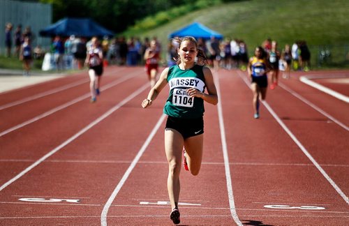 PHIL HOSSACK / WINNIPEG FREE PRESS  -   Victoria Tachinski crosses the finish meters ahead of any competition in the Women's 400  meter event Thursday afternoon at the Provincial Track and Field meet, see story.   -  June 2, 2017