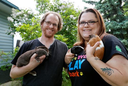JUSTIN SAMANSKI-LANGILLE / WINNIPEG FREE PRESS
Jeff and Cindy Hildebrand pose outside their home with some of their rescued rabbits and guinea pigs. On Friday the pair will be officially opening Popcorn and Binkies Rescue Haven for rabbits and guinea pigs.
170608 - Thursday, June 08, 2017.