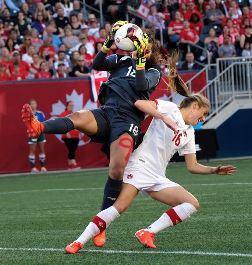 PHIL HOSSACK / WINNIPEG FREE PRESS  -   SERIES OF THREE IMAGES - Team Costa Rica netminder #18 Noelia Bermudez snatches the ball away from Canada's #16 Janine Beckie in a collision in front of the Costa Rica net Thursday night at Investor's Group Field. See story.  -  June 8 2017 SERIES OF THREE IMAGES