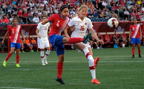 PHIL HOSSACK / WINNIPEG FREE PRESS  -   Team Costa Rica's #4 Mariana Benavides kicks the ball away from Canada's #16 Janine Beckie Thursday night at Investor's Group Field. See story.  -  June 8 2017