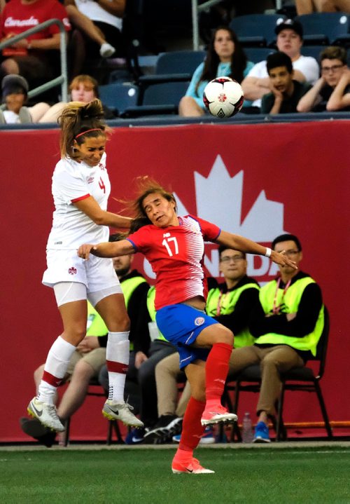 PHIL HOSSACK / WINNIPEG FREE PRESS  -   Team Canada's #4 Shelina Zadorsky and Costa Rica's #17 Karla Villalobos land after a header Thursday night at Investor's Group Field. See story.  -  June 8 2017