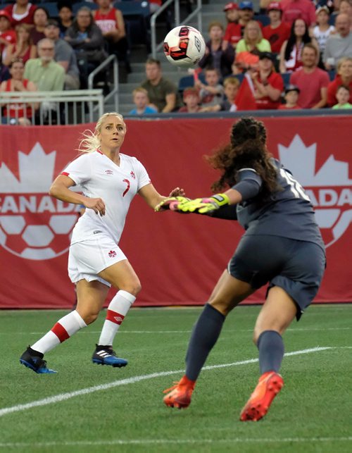 PHIL HOSSACK / WINNIPEG FREE PRESS  -   Team Canada's Adriana Leon looks to put the ball past Costa Rica's netminder Noelia Bermudez in the second half Thursday night at Investor's Group Field she missed the header. . See story.  -  June 8 2017