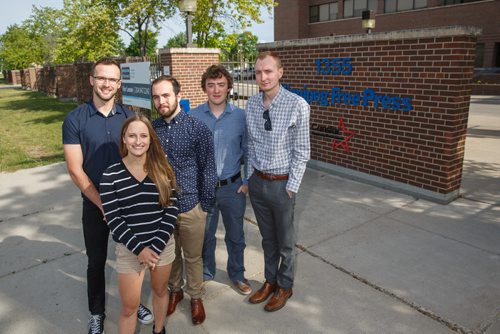 MIKE DEAL / WINNIPEG FREE PRESS
Winnipeg Free Press interns (from left) Taylor Allen, Stefanie Lasuik, Ben Waldman, Justin Samanski-Langille, and Ryan Thorpe.
170609 - Friday, June 09, 2017.