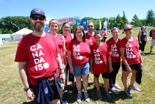 WAYNE GLOWACKI / WINNIPEG FREE PRESS

About 900 participants took part Saturday in the 10th anniversary of the Challenge for Life in support of CancerCare Manitoba, the  20-kilometre walk began and ended at Assiniboine Park.  At left, Adrian Wortley with Canada 150 team members after walk.    This years fundraising goal is $1 million.¤For Jane Gerster story. June 10   2017
