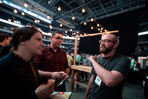 JUSTIN SAMANSKI-LANGILLE / WINNIPEG FREE PRESS
Brian Westcott of Barn Hammer Brewing Company talks with some festival goers about his company's beer  Saturday at the Flatlander's Beer Festival at the MTS Centre.
170610 - Saturday, June 10, 2017.