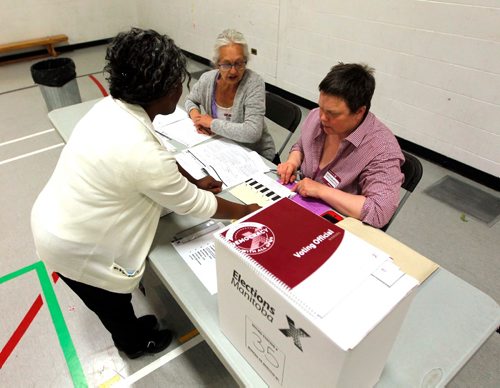 BORIS MINKEVICH / WINNIPEG FREE PRESS
Generic shot of a voting station at Norquay School. Left, Senior voting officer Merle Cummings shows some voting booth staff. (the two did not want their names used). June 13, 2017
