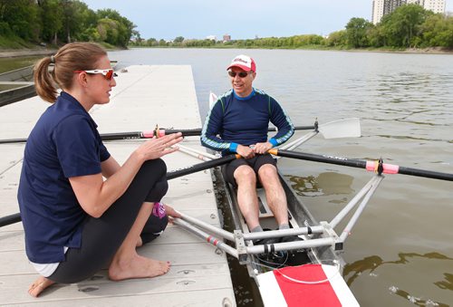 WAYNE GLOWACKI / WINNIPEG FREE PRESS

Free Press Sports editor Steve Lyons gets an introduction to rowing from Olympian Janine Stephens at the Winnipeg Rowing Club.    Steve Lyons column. June 13   2017