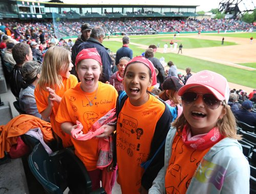 
RUTH BONNEVILLE / WINNIPEG FREE PRESS

Grade 3 and 4 students from Tanners Crossing School in Minnedosa cheer on the Winnipeg Goldeyes   during afternoon game at Shaw Park Tuesday.  The stands were full of students from all over the city and province many of which had never been to a game before.  

June 13, 2017