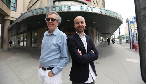 RUTH BONNEVILLE / WINNIPEG FREE PRESS

49.8 - The Bay reimagined.
Two architects involved in the Bay Building story - Aaron Pollock (black jacket) and Dudley Thompson  Bay building downtown.
See Dan Lett story

June 13, 2017