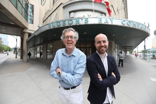 RUTH BONNEVILLE / WINNIPEG FREE PRESS

49.8 - The Bay reimagined.
Two architects involved in the Bay Building story - Aaron Pollock (black jacket) and Dudley Thompson  Bay building downtown.
See Dan Lett story

June 13, 2017