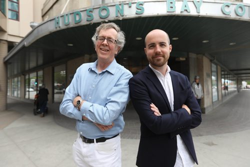 RUTH BONNEVILLE / WINNIPEG FREE PRESS

49.8 - The Bay reimagined.
Two architects involved in the Bay Building story - Aaron Pollock (black jacket) and Dudley Thompson  Bay building downtown.
See Dan Lett story

June 13, 2017
