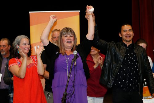 JOHN WOODS / WINNIPEG FREE PRESS
Bernadette Smith with the NDP celebrates a win in the Point Douglas by-election with fellow MLAs Nahanni Fontaine and Wad Kinew Tuesday, June 13, 2017.