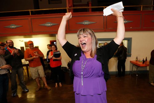 JOHN WOODS / WINNIPEG FREE PRESS
Bernadette Smith with the NDP celebrates a win in the Point Douglas by-election Tuesday, June 13, 2017.