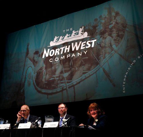 WAYNE GLOWACKI / WINNIPEG FREE PRESS

 From left, CEO Edward Kennedy, John King, Executive v.p. and CFO and Paulina Hiebert, v.p, Legal and Corporate Secretary at the North West Companys annual general meeting Wednesday held in the Winnipeg Art Gallerys Muriel Richardson auditorium.    Murray McNeill story June 14   2017