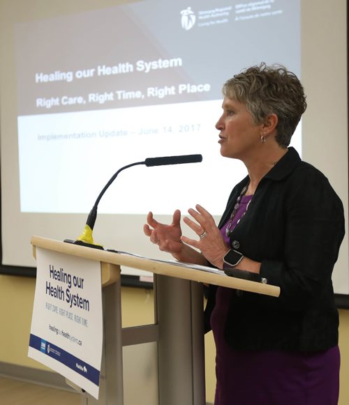 RUTH BONNEVILLE / WINNIPEG FREE PRESS


 Lori Lamont, WRHA vice president of interprofessional practice  shares update at press conference titled  Healing our Health System Plan Implementation, at WRHA offices Wednesday.  
 
WRHA leadership give presentation outlining timeline for first phase of healthcare system changes. 

 
June 14, 2017