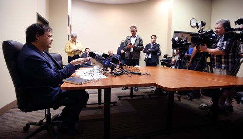 WAYNE GLOWACKI / WINNIPEG FREE PRESS

At left, town of Churchill Mayor Michael Spence speaks to media in Winnipeg about the Hudson's Bay Rail closure. The news conference was held Wednesday in the MB Chambers of Commerce office.¤ Martin Cash/ Alex Paul stories.June 14   2017