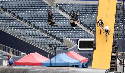 TREVOR HAGAN / WINNIPEG FREE PRESS
Nitro Circus performers at Investors Group Field, Wednesday, June 14, 2017.