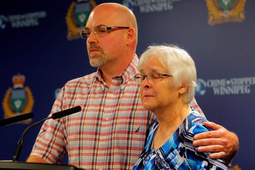 BORIS MINKEVICH / WINNIPEG FREE PRESS
POLICE PRESS CONFERENCE - The family of a missing 39-year-old man, from left,  Rob Hadath (brother) and  Valerie Hadath (Scotts mom) at a Police press conference Friday morning. The missing man Scott Hadath was last seen on June 5 in the Southdale area of Winnipeg. June 16, 2017
