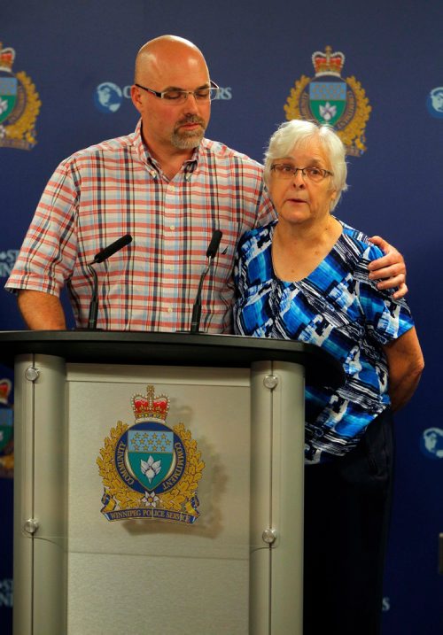 BORIS MINKEVICH / WINNIPEG FREE PRESS
POLICE PRESS CONFERENCE - The family of a missing 39-year-old man, from left,  Rob Hadath (brother) and  Valerie Hadath (Scotts mom) at a Police press conference Friday morning. The missing man Scott Hadath was last seen on June 5 in the Southdale area of Winnipeg. June 16, 2017
