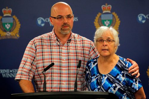 BORIS MINKEVICH / WINNIPEG FREE PRESS
POLICE PRESS CONFERENCE - The family of a missing 39-year-old man, from left,  Rob Hadath (brother) and  Valerie Hadath (Scotts mom) at a Police press conference Friday morning. The missing man Scott Hadath was last seen on June 5 in the Southdale area of Winnipeg. June 16, 2017
