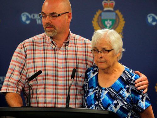 BORIS MINKEVICH / WINNIPEG FREE PRESS
POLICE PRESS CONFERENCE - The family of a missing 39-year-old man, from left,  Rob Hadath (brother) and  Valerie Hadath (Scotts mom) at a Police press conference Friday morning. The missing man Scott Hadath was last seen on June 5 in the Southdale area of Winnipeg. June 16, 2017
