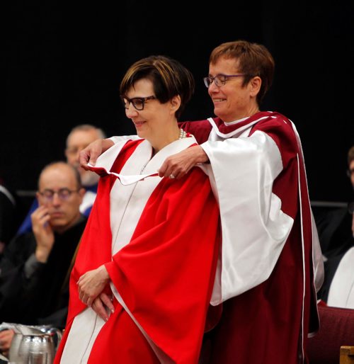 BORIS MINKEVICH / WINNIPEG FREE PRESS
U of W Convocation at Duckworth Centre. From left, Cindy Blackstock received an honorary doctor of Law from Dr. Annette Trimbee, President and Vice-Chancellor University of Winnipeg. June 16, 2017
