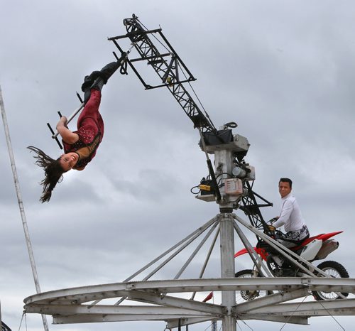 WAYNE GLOWACKI / WINNIPEG FREE PRESS

Moto Maniacs Ivan Espana drives his wife Allison Blei in circles during their performance on the opening day at The Ex at Red River Exhibition Park. Stefanie Lasuik story      June 16   2017