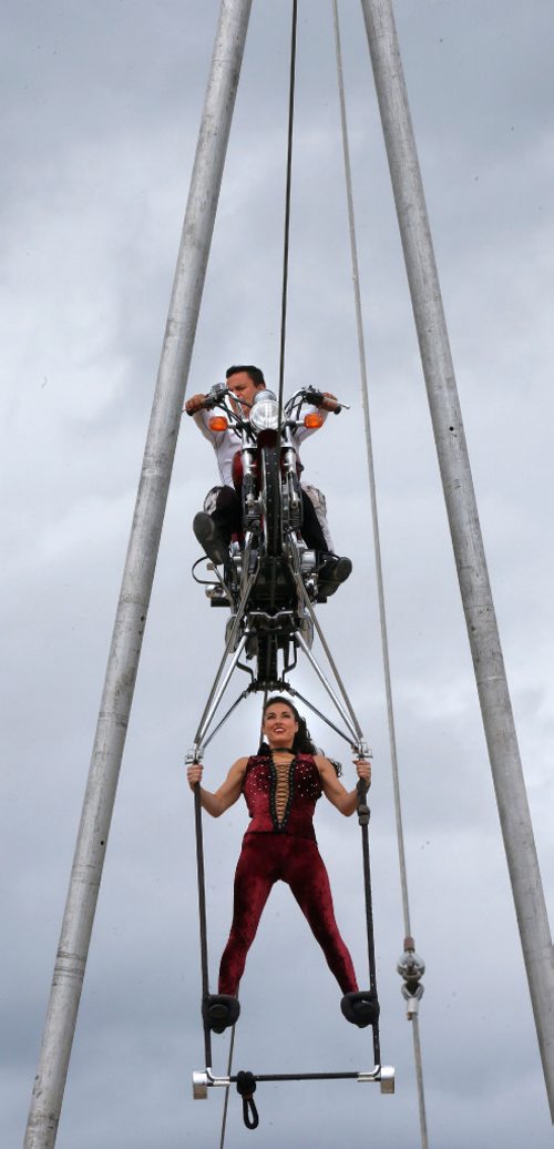 WAYNE GLOWACKI / WINNIPEG FREE PRESS
Moto Maniacs Ivan Espana and his wife Allison Blei during their performance on the opening day at The Ex at Red River Exhibition Park. Stefanie Lasuik story June 16 2017